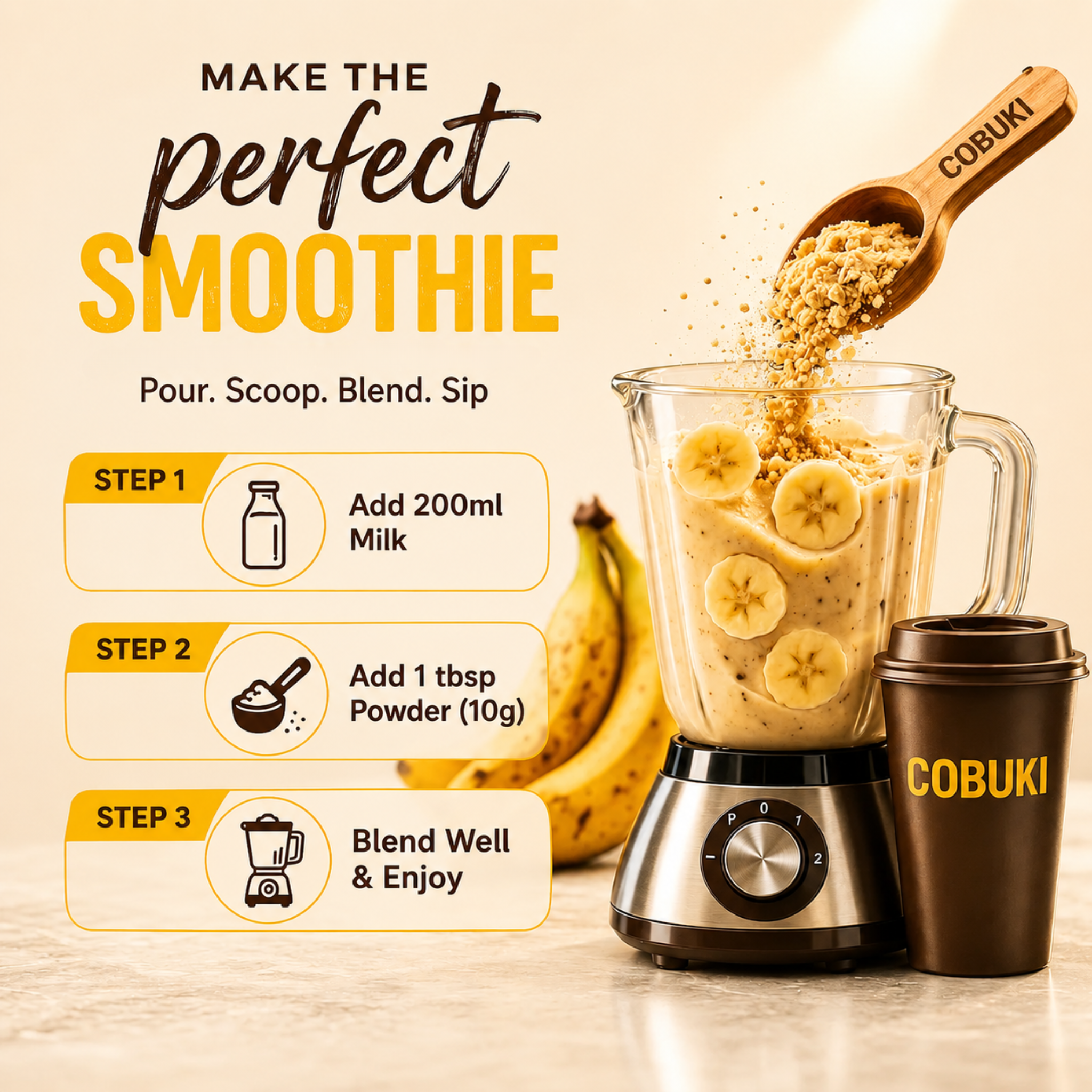 Cocoa–Ashwagandha Banana Smoothie Powder (100% Natural, No Added Sugar) – 120g, 12 Servings - Cobuki