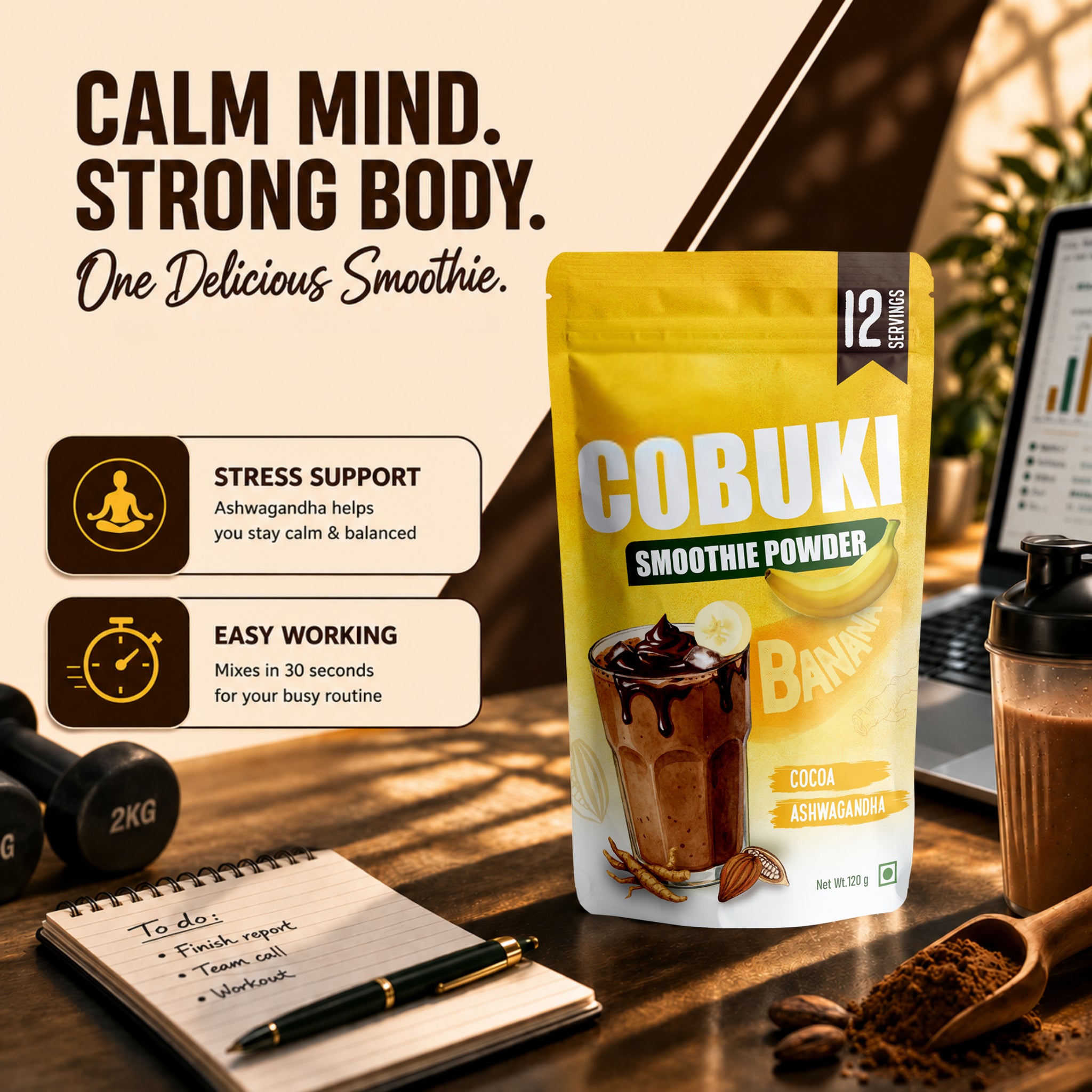 Cocoa–Ashwagandha Banana Smoothie Powder (100% Natural, No Added Sugar) – 120g, 12 Servings - Cobuki