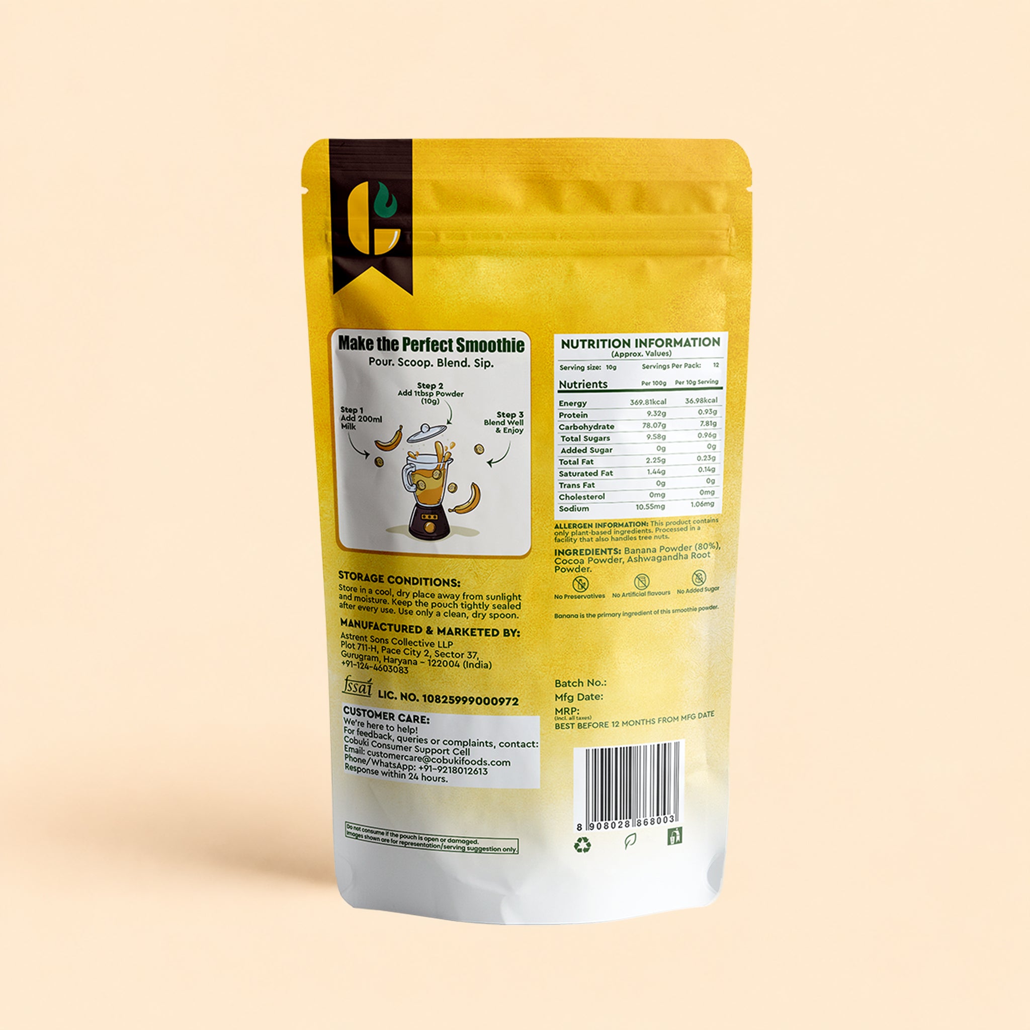 Cocoa–Ashwagandha Banana Smoothie Powder (100% Natural, No Added Sugar) – 120g, 12 Servings - Cobuki