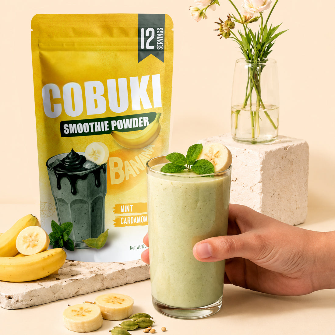 Mint–Cardamom Banana Smoothie Powder (100% Natural - No Added Sugar) – 120g, 12 Servings - Cobuki
