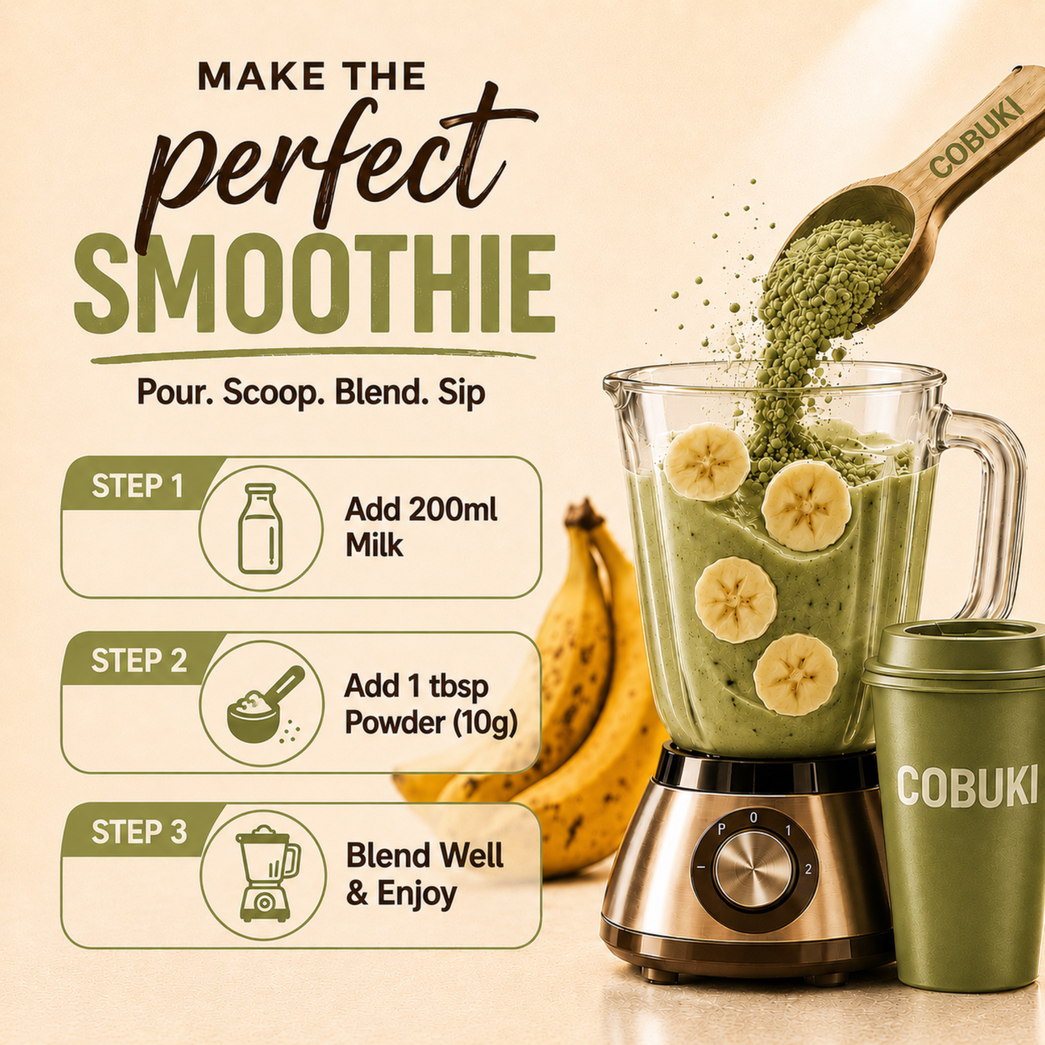 Mint–Cardamom Banana Smoothie Powder (100% Natural - No Added Sugar) – 120g, 12 Servings - Cobuki
