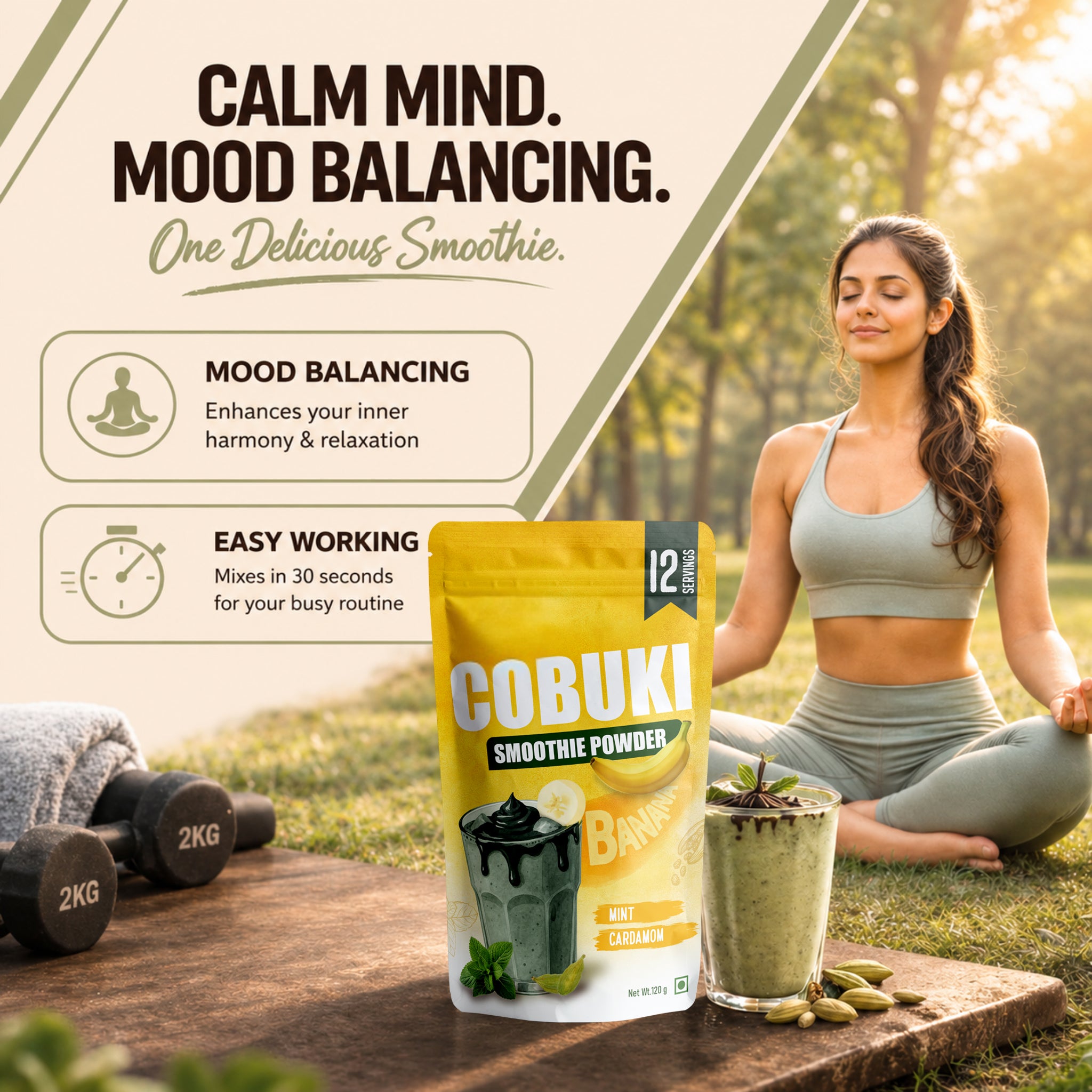 Mint–Cardamom Banana Smoothie Powder (100% Natural - No Added Sugar) – 120g, 12 Servings - Cobuki
