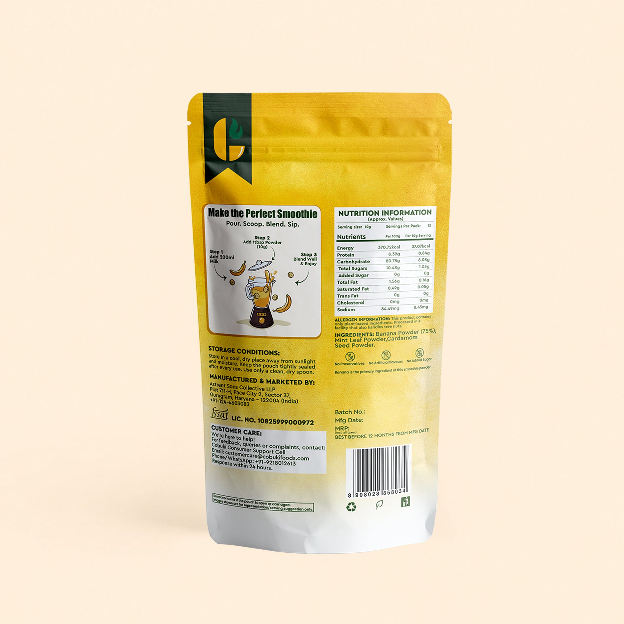 Mint–Cardamom Banana Smoothie Powder (100% Natural - No Added Sugar) – 120g, 12 Servings - Cobuki