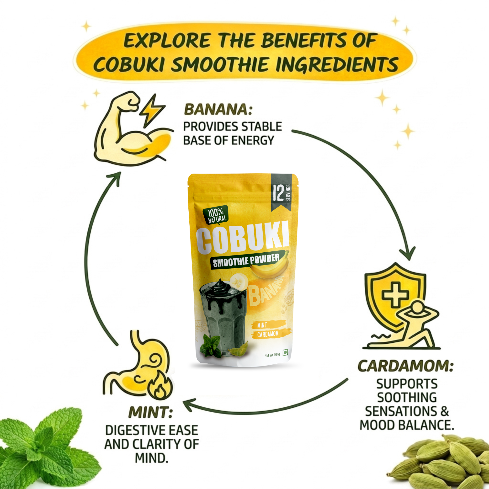 Mint–Cardamom Banana Smoothie Powder (100% Natural - No Added Sugar) – 120g, 12 Servings - Cobuki