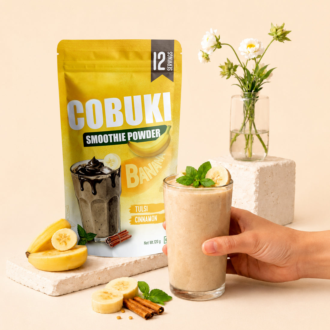 Tulsi–Cinnamon Banana Smoothie Powder (100% Natural - No Added Sugar) 120g, 12 Servings - Cobuki