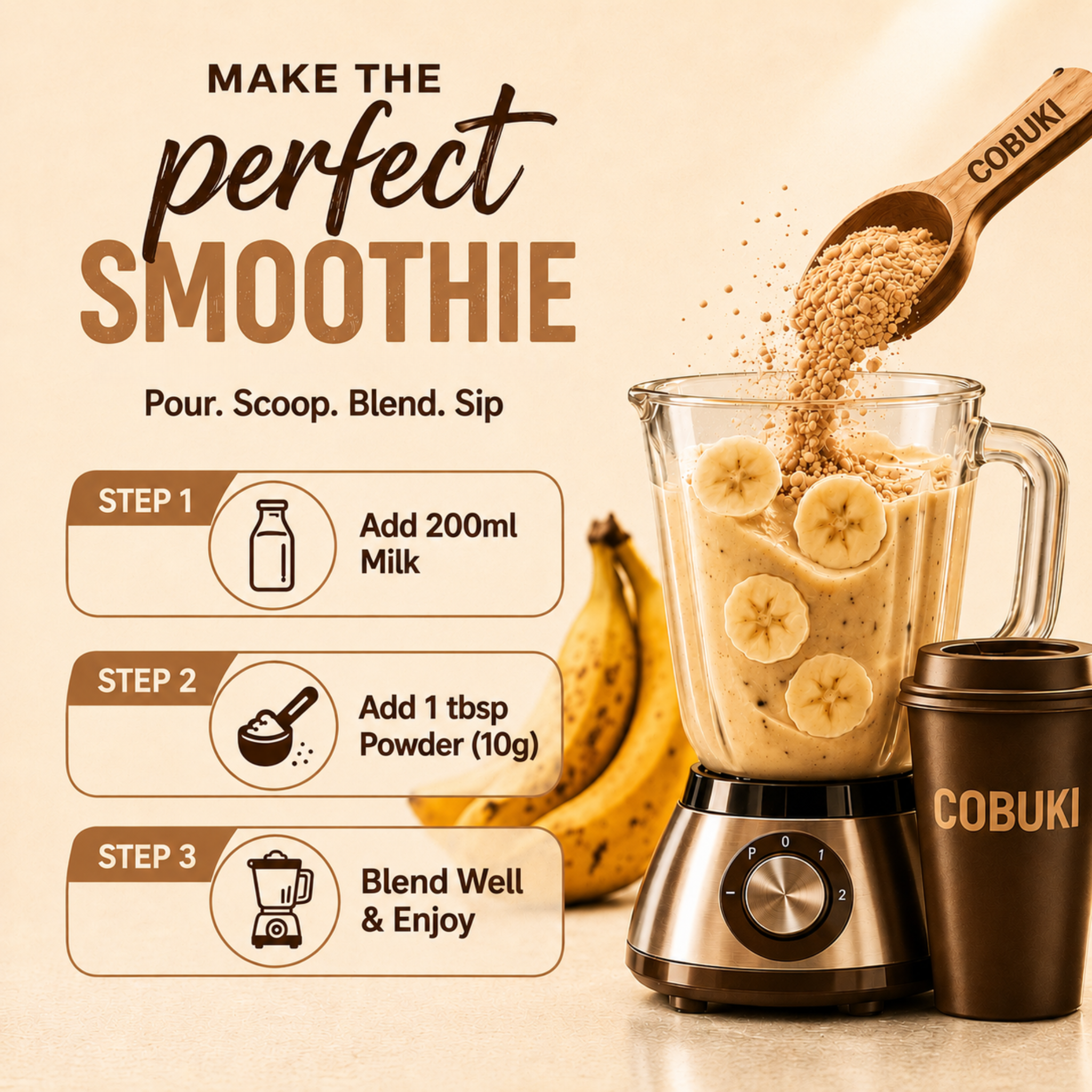 Tulsi–Cinnamon Banana Smoothie Powder (100% Natural - No Added Sugar) 120g, 12 Servings - Cobuki