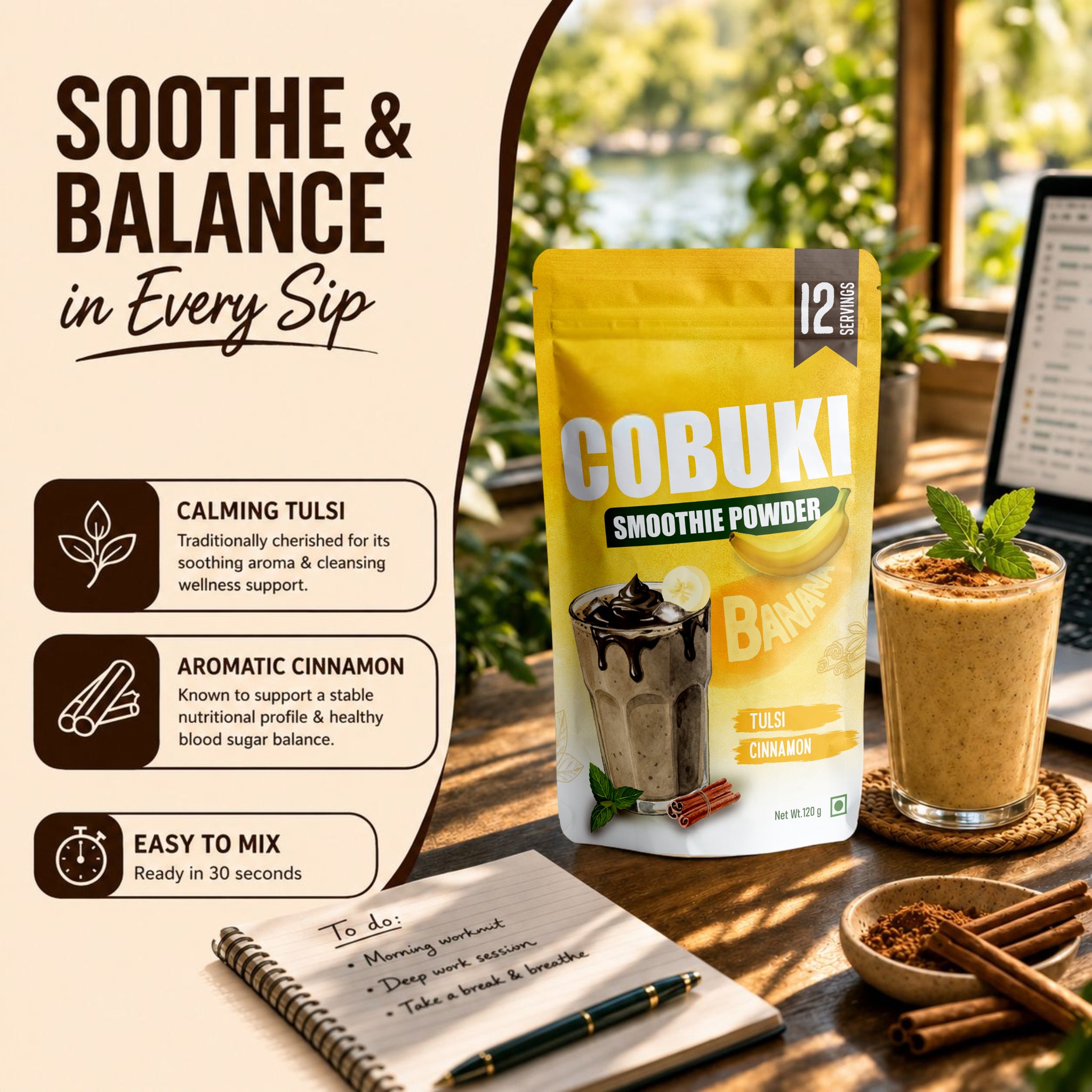 Tulsi–Cinnamon Banana Smoothie Powder (100% Natural - No Added Sugar) 120g, 12 Servings - Cobuki