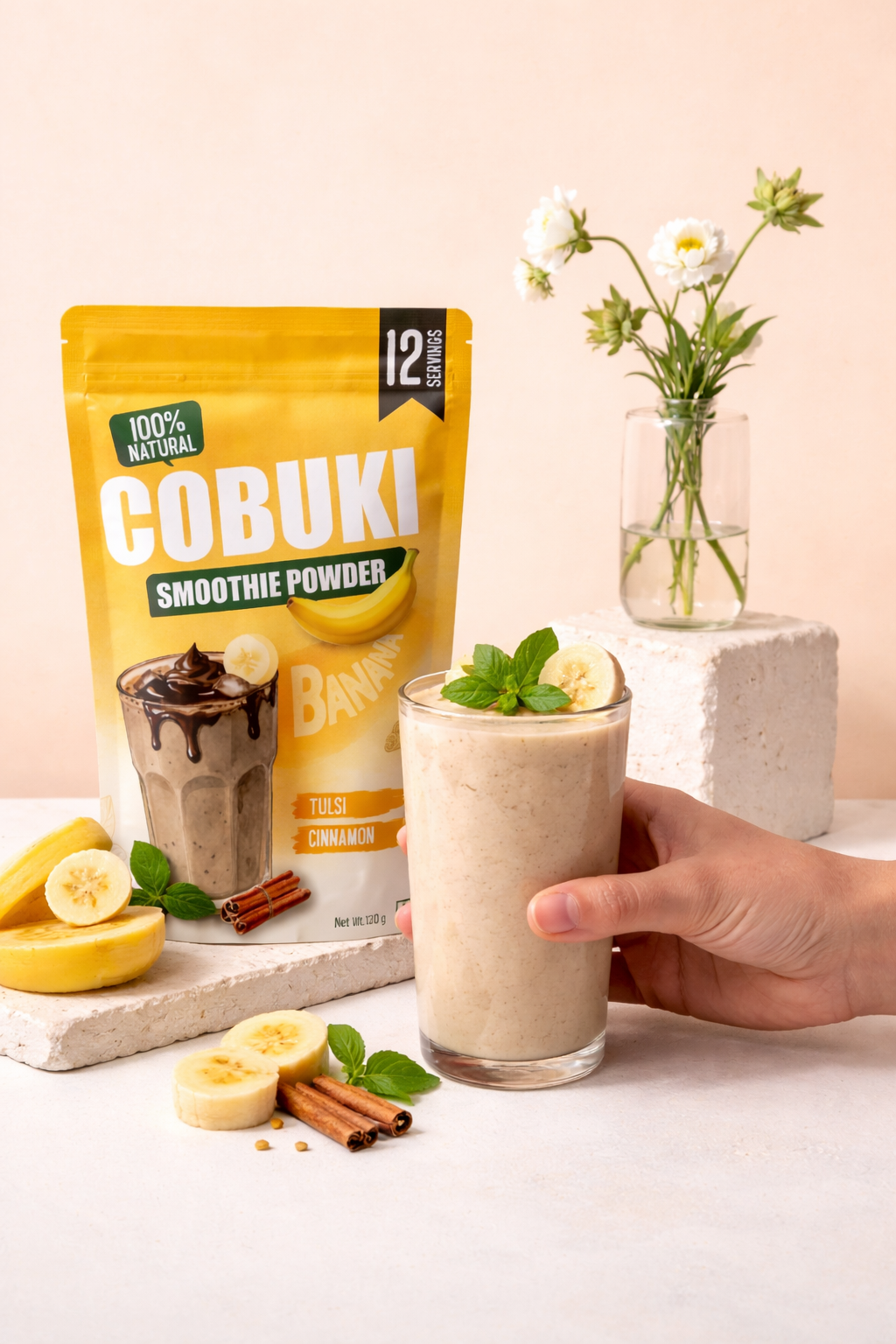 Tulsi–Cinnamon Banana Smoothie Powder (100% Natural - No Added Sugar) 120g, 12 Servings - Cobuki