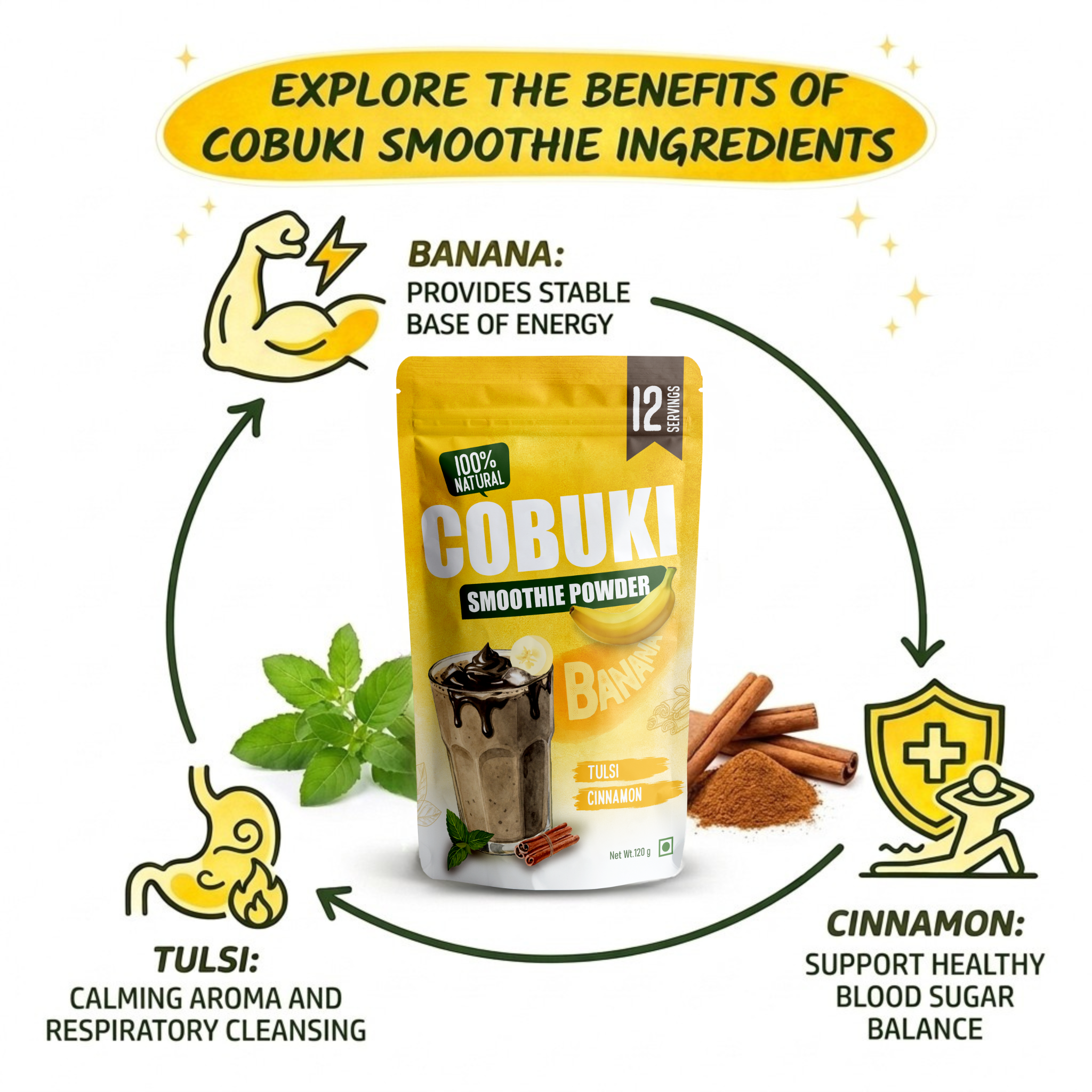 Tulsi–Cinnamon Banana Smoothie Powder (100% Natural - No Added Sugar) 120g, 12 Servings - Cobuki