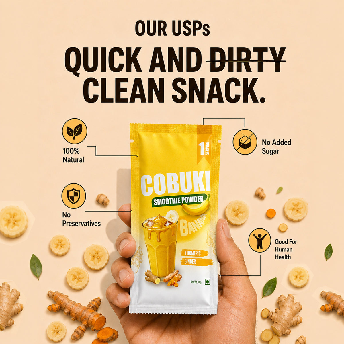 Turmeric–Ginger Banana Smoothie Powder, (100% Natural - No Added Sugar) 10g, 1 Serving - Cobuki