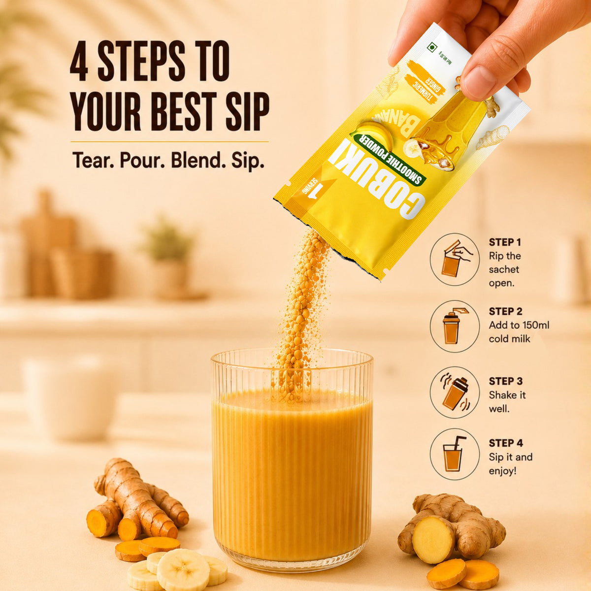 Turmeric–Ginger Banana Smoothie Powder, (100% Natural - No Added Sugar) 10g, 1 Serving - Cobuki