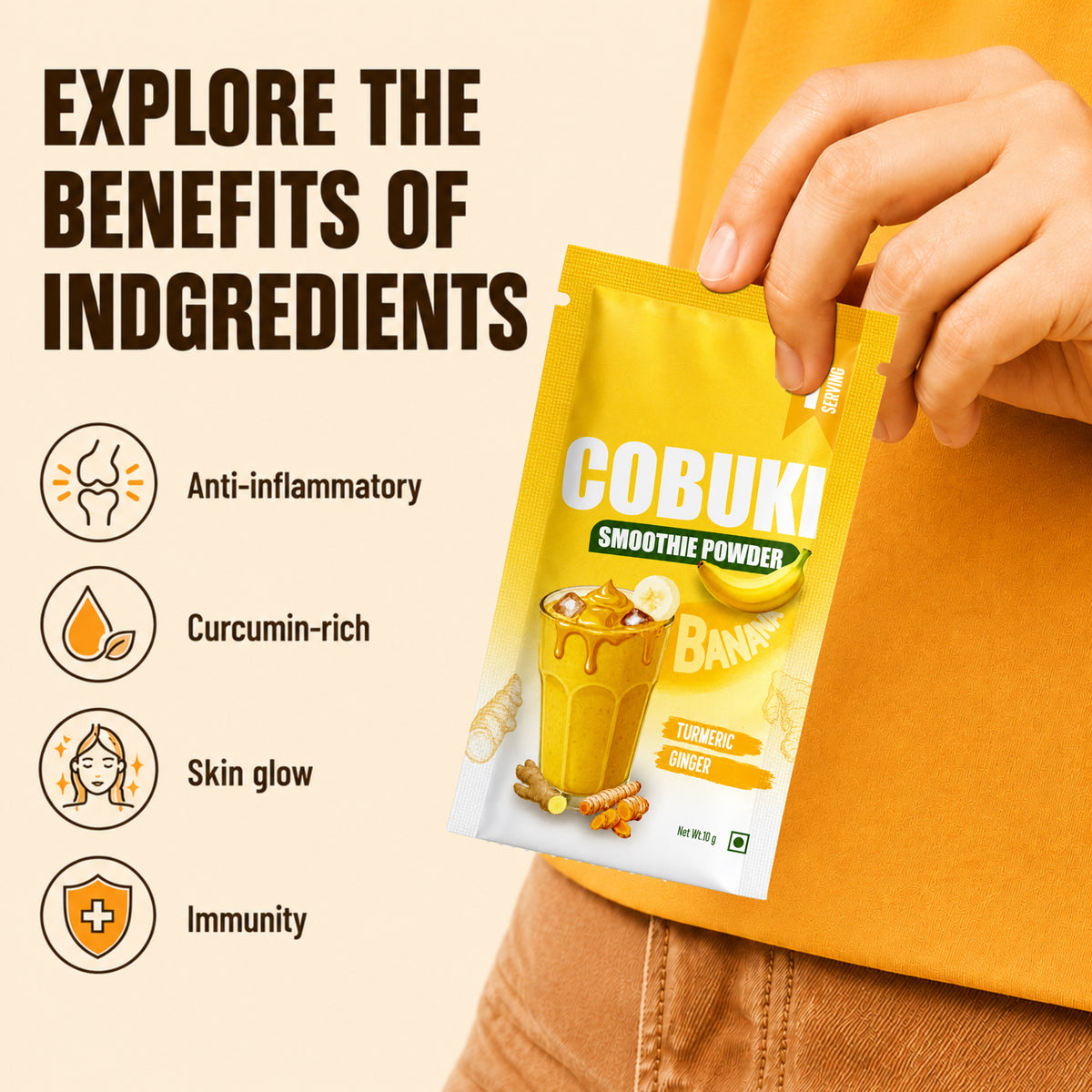 Turmeric–Ginger Banana Smoothie Powder, (100% Natural - No Added Sugar) 10g, 1 Serving - Cobuki