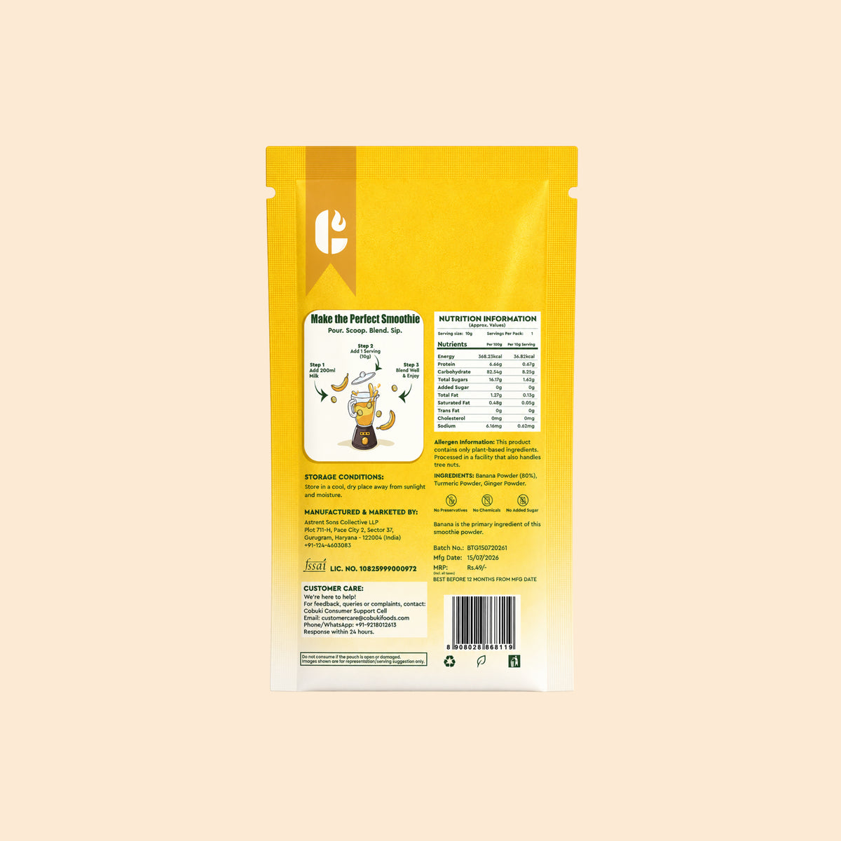 Turmeric–Ginger Banana Smoothie Powder, (100% Natural - No Added Sugar) 10g, 1 Serving - Cobuki