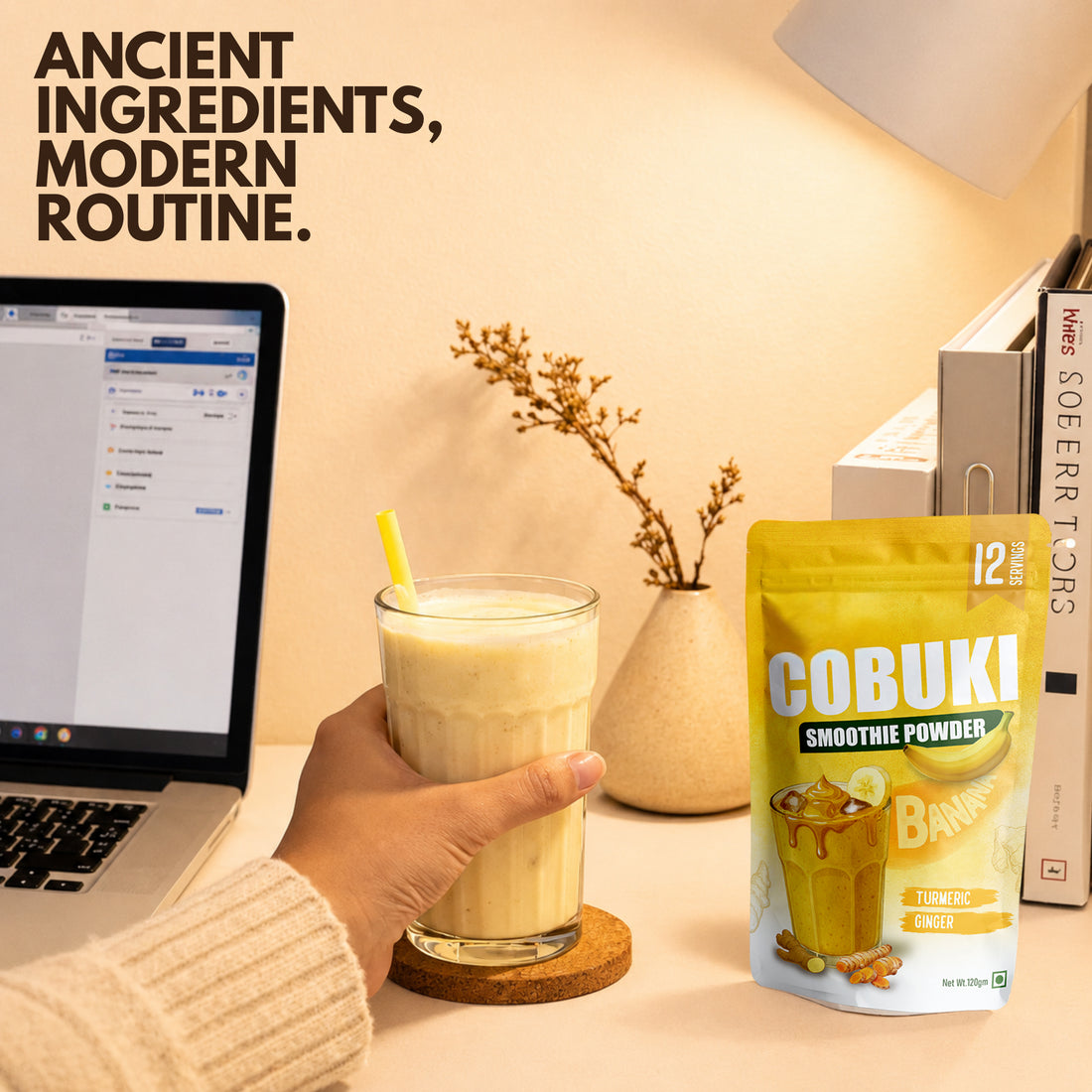 Turmeric–Ginger Banana Smoothie Powder, (100% Natural - No Added Sugar) 120g, 12 Servings - Cobuki