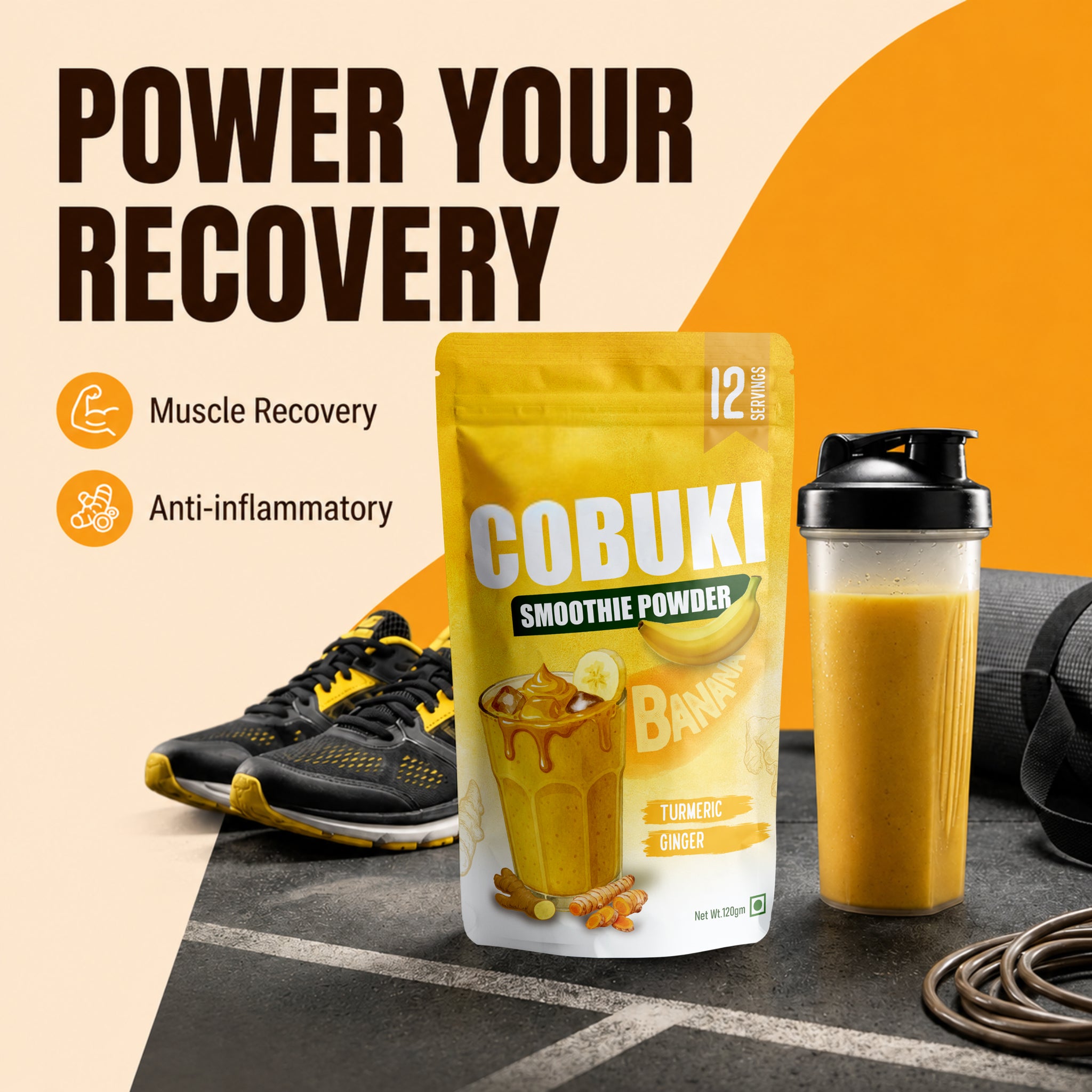 Turmeric–Ginger Banana Smoothie Powder, (100% Natural - No Added Sugar) 120g, 12 Servings - Cobuki