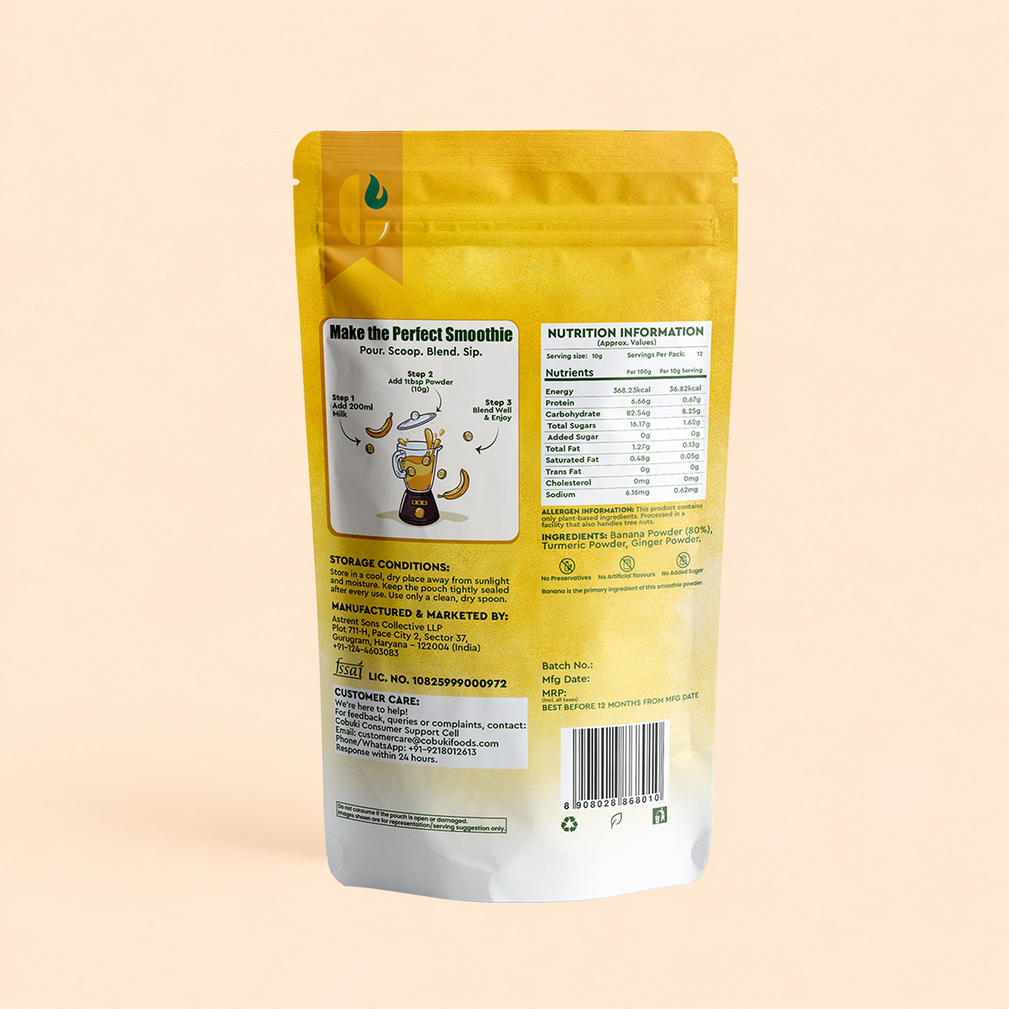 Turmeric–Ginger Banana Smoothie Powder, (100% Natural - No Added Sugar) 120g, 12 Servings - Cobuki