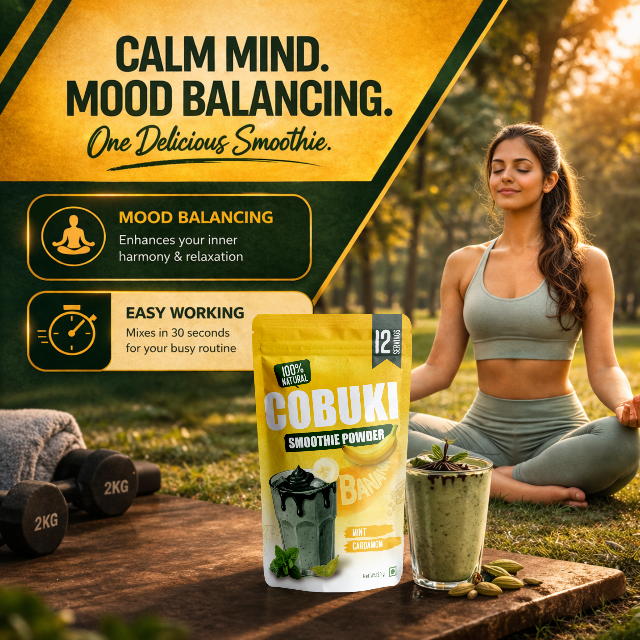 Mint–Cardamom Banana Smoothie Powder (100% Natural - No Added Sugar) – 120g, 12 Servings - Cobuki
