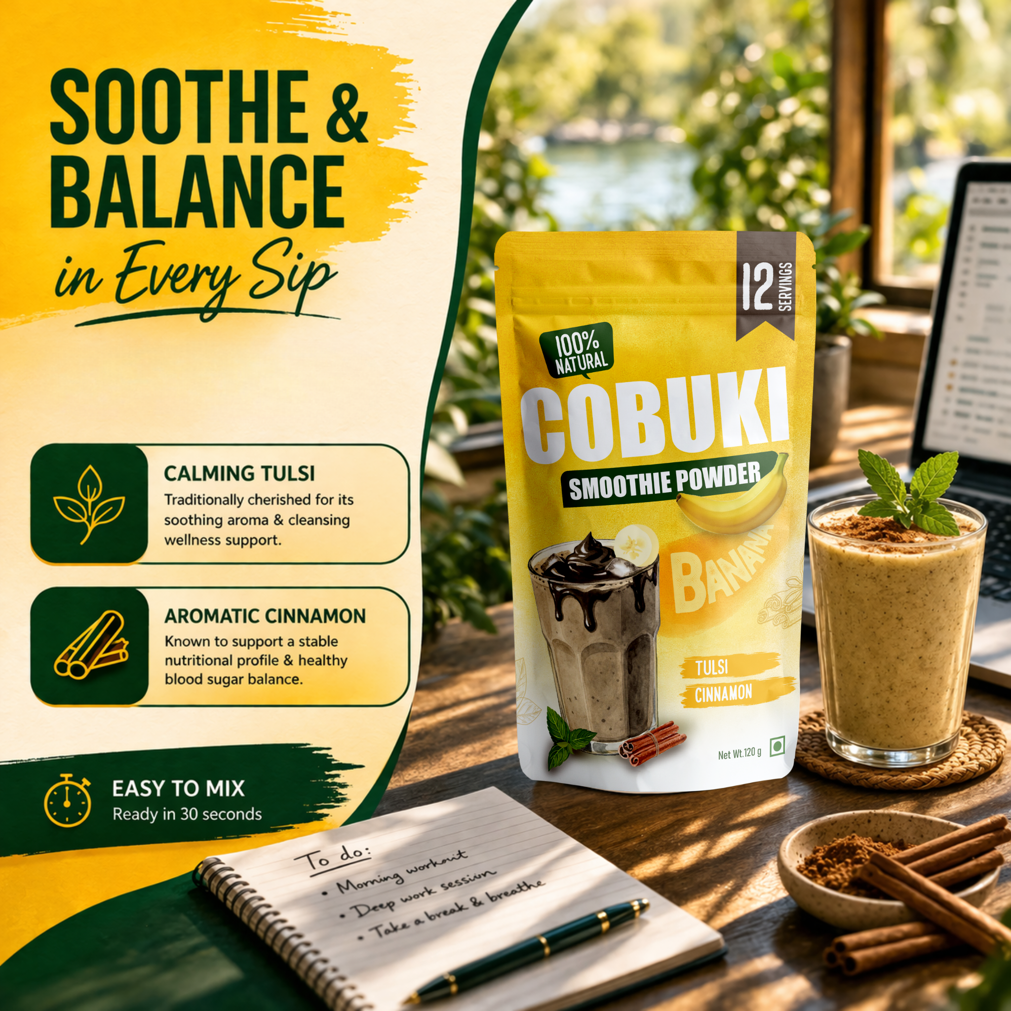 Tulsi–Cinnamon Banana Smoothie Powder (100% Natural - No Added Sugar) 120g, 12 Servings - Cobuki
