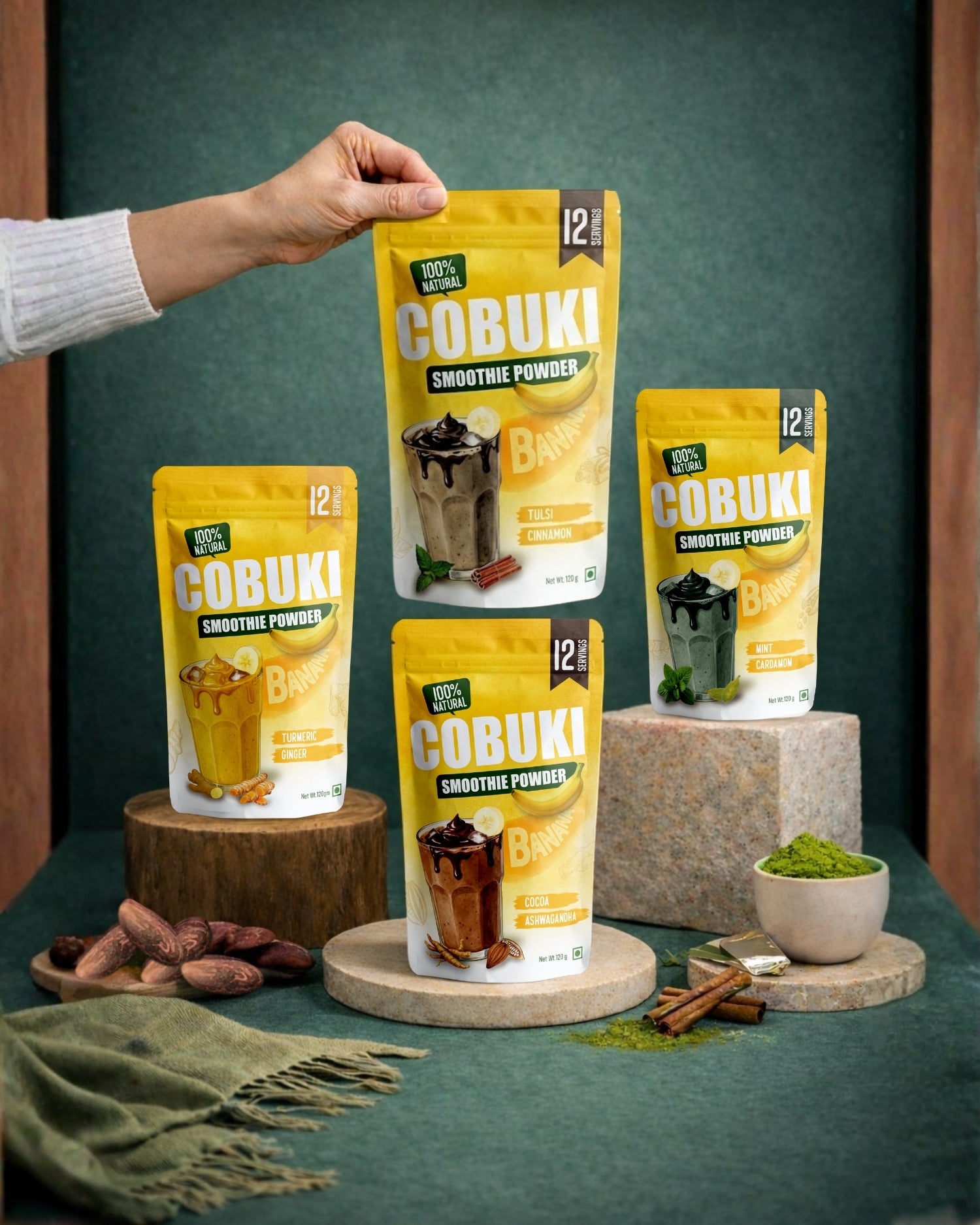 Bestseller Pack of 4 - Banana Smoothie Powders (100% Natural - No Added Sugar) 120g, 12 Servings each pack - Cobuki