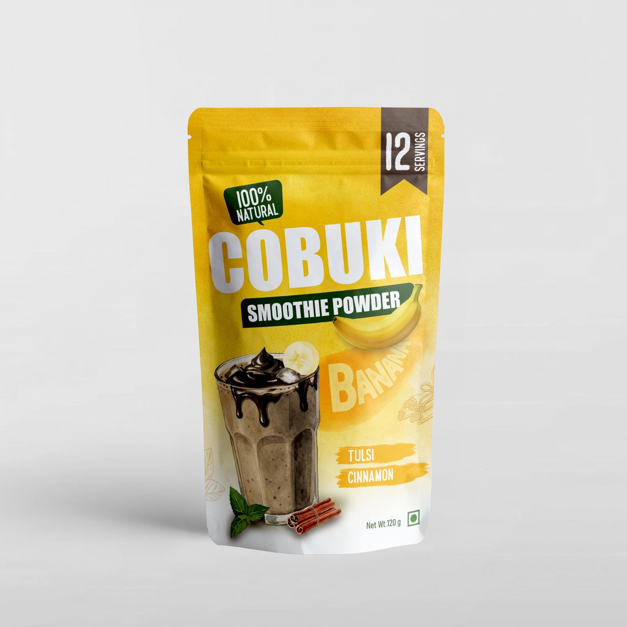 Tulsi–Cinnamon Banana Smoothie Powder (100% Natural - No Added Sugar) 120g, 12 Servings - Cobuki