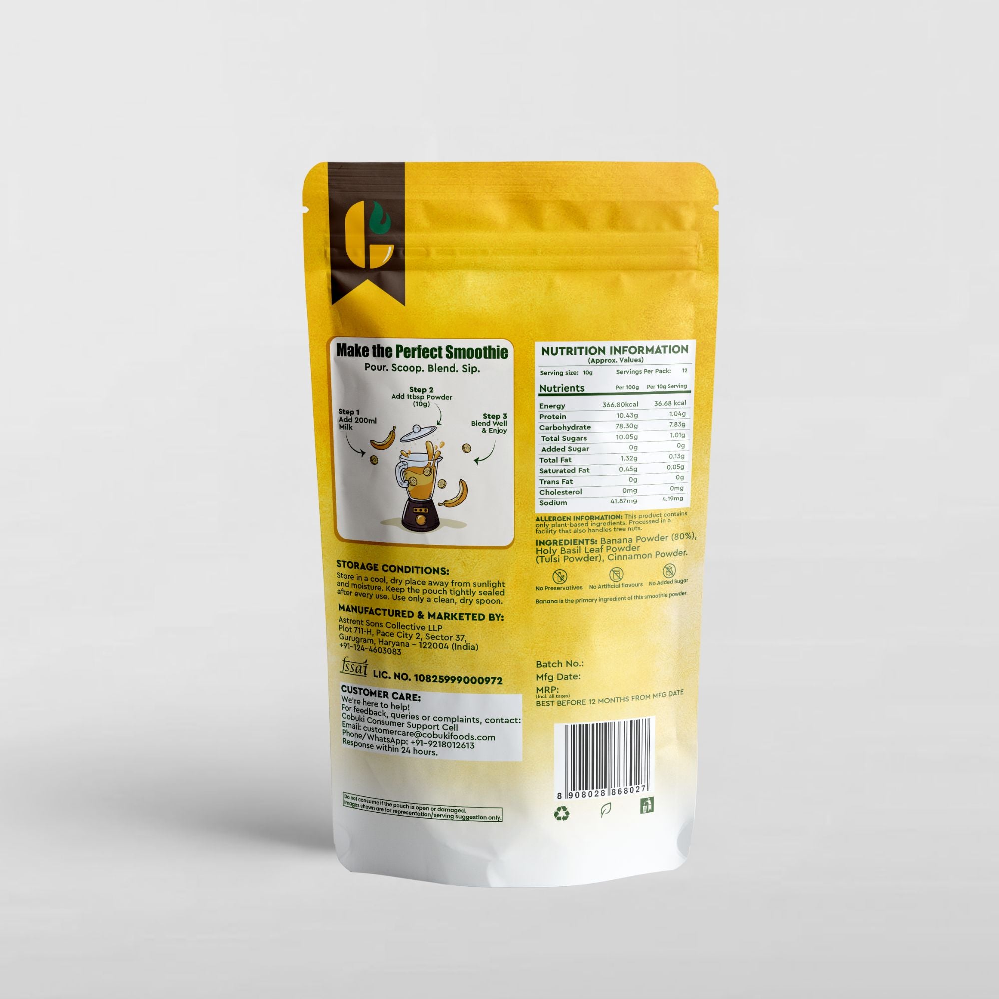 Tulsi–Cinnamon Banana Smoothie Powder (100% Natural - No Added Sugar) 120g, 12 Servings - Cobuki
