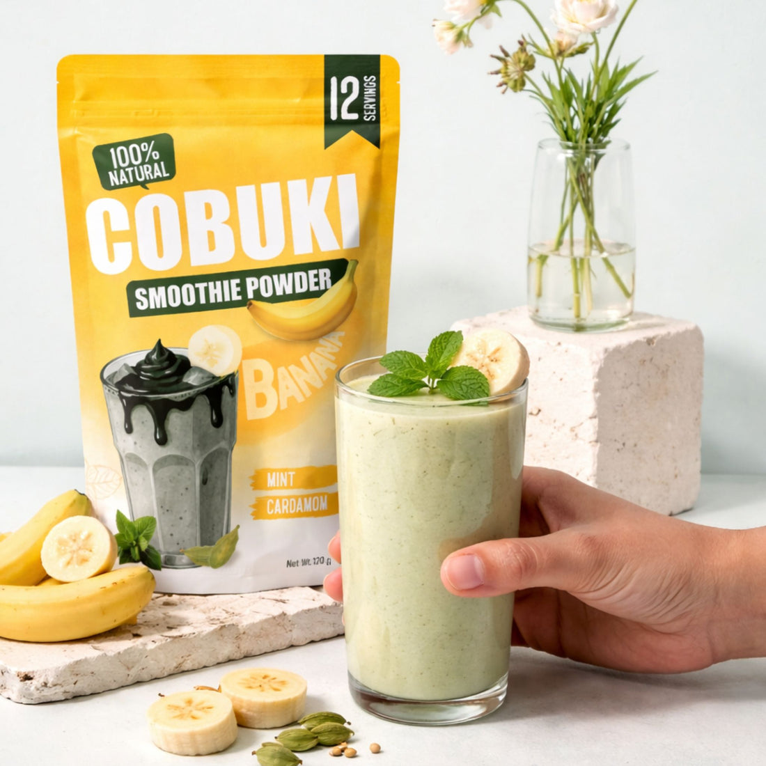 Mint–Cardamom Banana Smoothie Powder (100% Natural - No Added Sugar) – 120g, 12 Servings - Cobuki