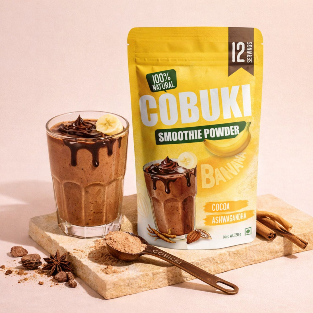 Cocoa–Ashwagandha Banana Smoothie Powder (100% Natural, No Added Sugar) – 120g, 12 Servings - Cobuki